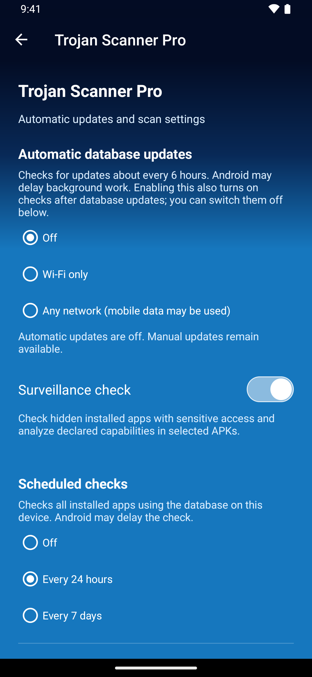 Pro settings showing automatic database updates and scheduled installed-app checks