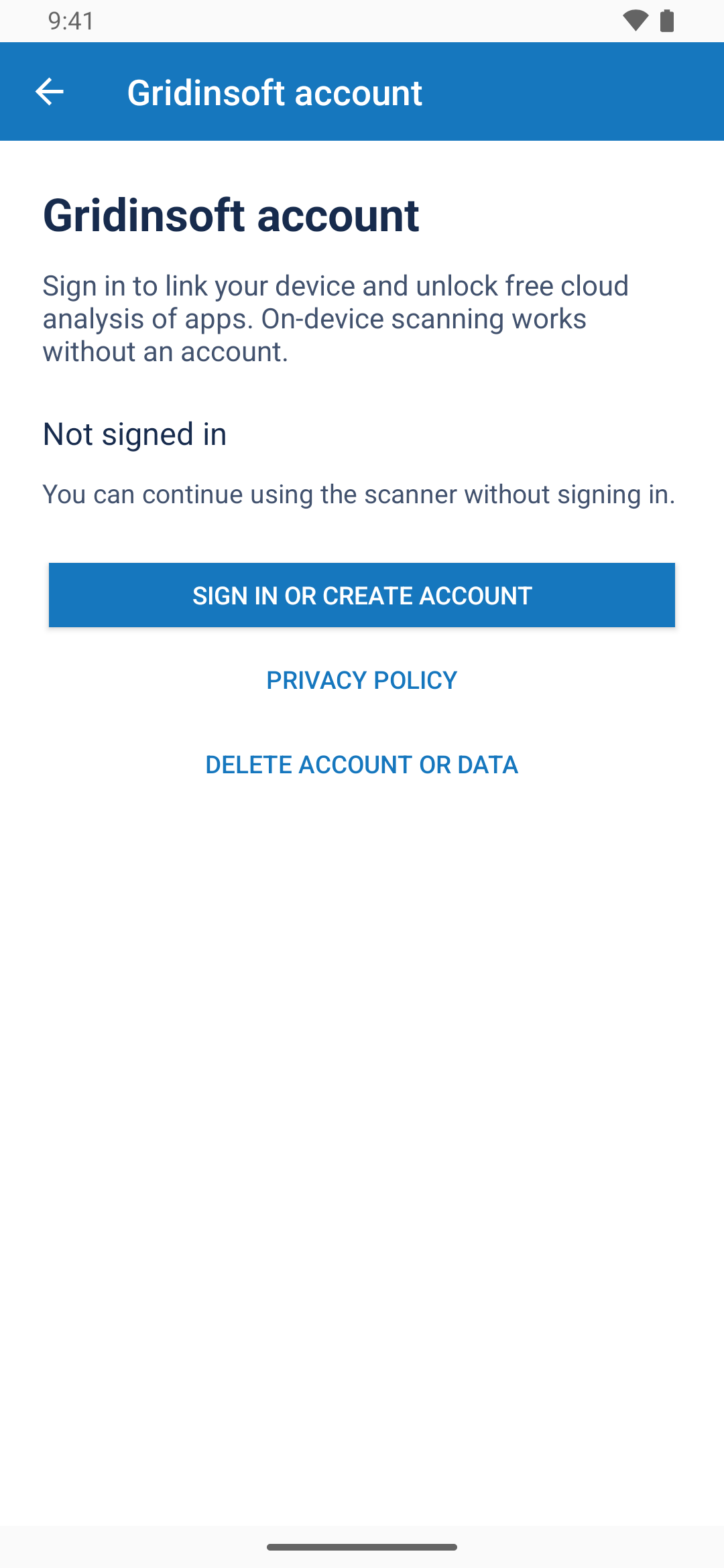 Gridinsoft account screen in Trojan Scanner